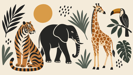 Fototapeta premium Boho Safari Wildlife Animals Banner, Tropical African Elephant Tiger Giraffe Toucan Bird and Sun Illustration, Vector Illustration 