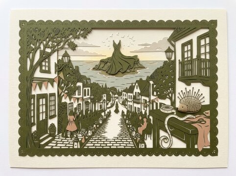 Papercut coastal village scene with island volcano artwork