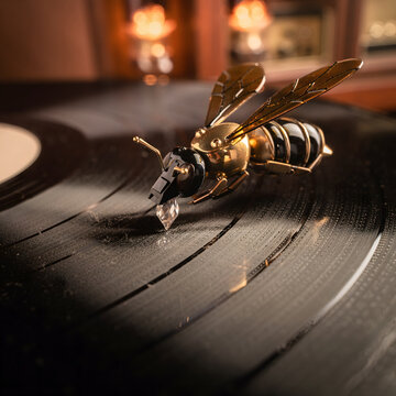 Steampunk mechanical bee sculpture resting on vintage vinyl record, golden brass robotic insect figurine with diamond needle stylus, retro futuristic clockwork bee art on black gramophone disc
