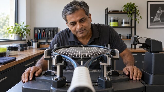Indian stringer inspects the completed grid of a mounted tennis racket with both hands resting outside the hoop before release from the restringing machine at a tidy shop bench