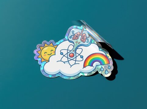 Weather sticker with cloud sun rainbow and brain concept on teal background