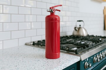 Obraz premium The Red Fire Extinguisher Resting on a Speckled Kitchen Counter