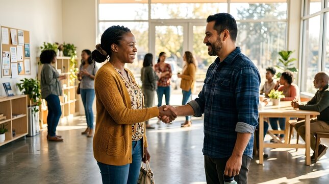 Two people shaking hands after peaceful conflict resolution