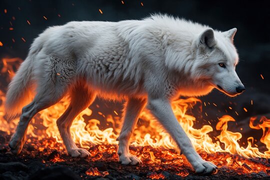 White wolf walks through burning coals and bright fire. Fierce predator with glowing eyes moves through inferno. Majestic animal shows strength and power in a dark, dramatic setting.