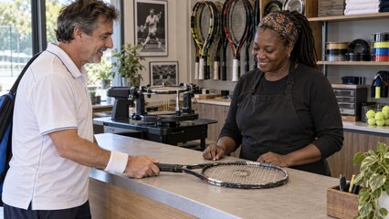 Fototapeta premium Argentine recreational player brings a worn tennis racket to a familiar stringer at the club counter for an intake consultation about a local restringing service