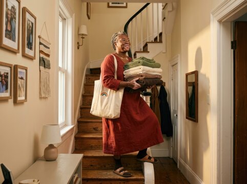 Domestic Care and Laundry Woman Carrying Folded Linens in Hallway