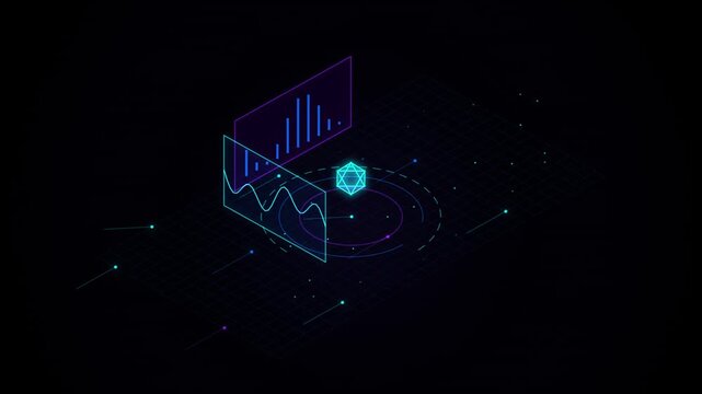 Isometric cryptocurrency data visualization with glowing ethereum token and financial analytics charts