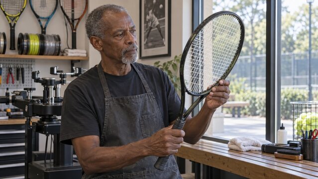 Black stringer tilts a completed tennis racket toward window light while inspecting the finished grid beside a service bench after removing it from the restringing machine