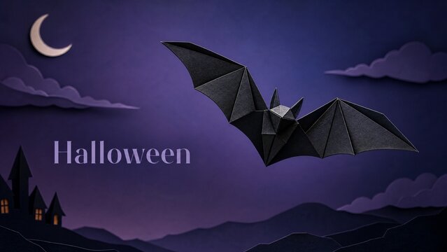 Halloween papercut origami bat flying past glowing full moon over midnight purple sky with elegant gold Halloween text in lower third space