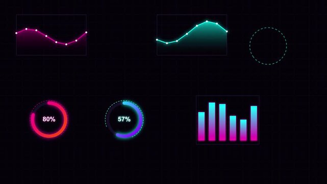 Neon hud data analytics dashboard with animated graphs, percentage counters, and bar charts for financial and tech ui interfaces