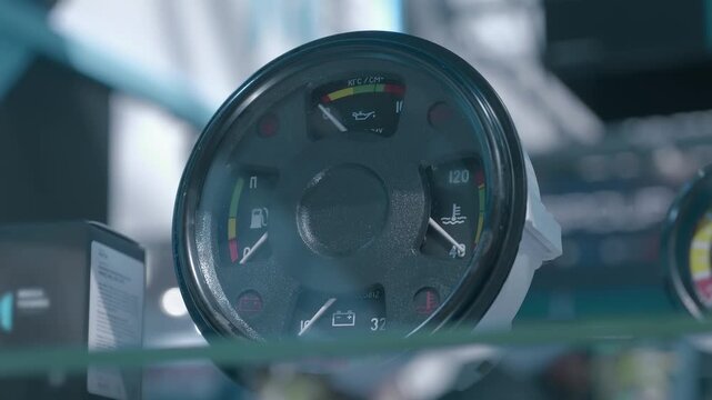An old-fashioned pointer gauge displaying the amount of fuel in the tank, engine temperature, oil pressure and battery charge level of a car. Closeup. Shot in motion