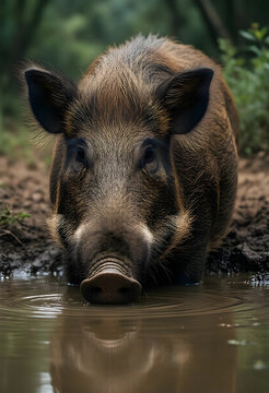 Wildlife conservation and biodiversity, wild boar drinking water in forest habitat, nature photography of feral pig in natural environment with reflection