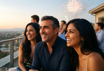 Obraz premium Celebration and social connection, diverse group of friends enjoying a rooftop party with fireworks at sunset for holiday event and festive gathering