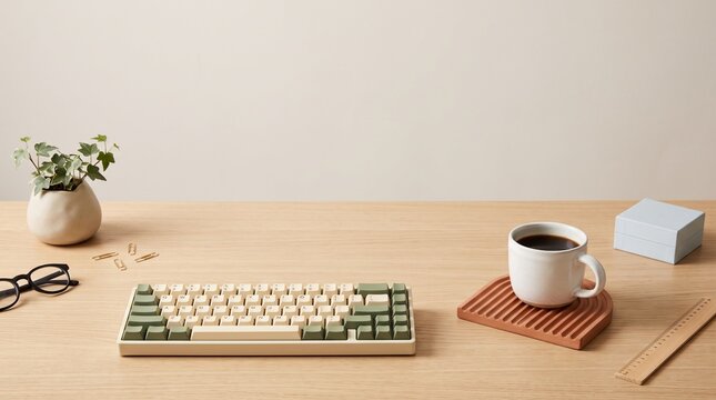 A cream and olive green Text Background mechanical keyboard rests on a light wood desktop setting