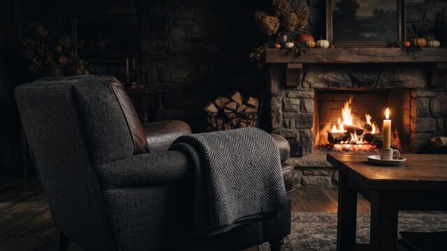Cozy armchair with herringbone blanket beside stone fireplace, lit candle on wooden table, autumn decor and warm firelight