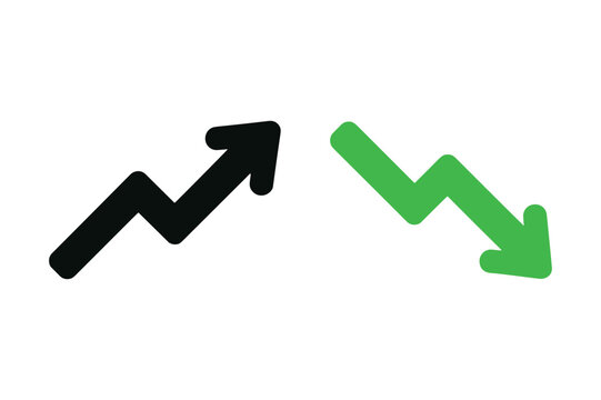 Up and Down Trend Arrows: A clear visual representation of market fluctuations with a black arrow pointing upwards indicating growth and a green arrow pointing downwards symbolizing a decline.