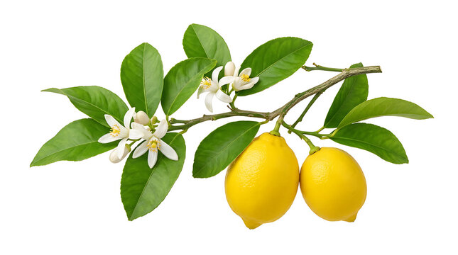A fresh lemon branch with two ripe yellow lemons and delicate white blossoms isolated on a clean white background for culinary design