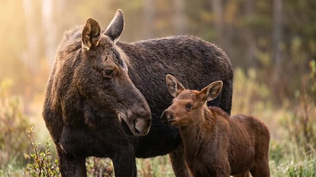 moose with newborn calf close up at morning light in denali national park alaska video