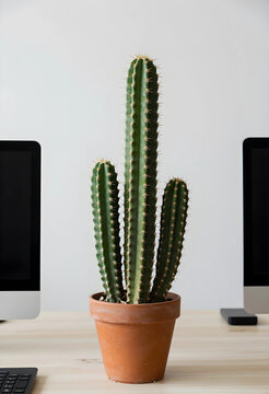 Biophilic office design and workplace wellness, green cactus plant on a desk with computer monitors for stress reduction and productivity in workspace