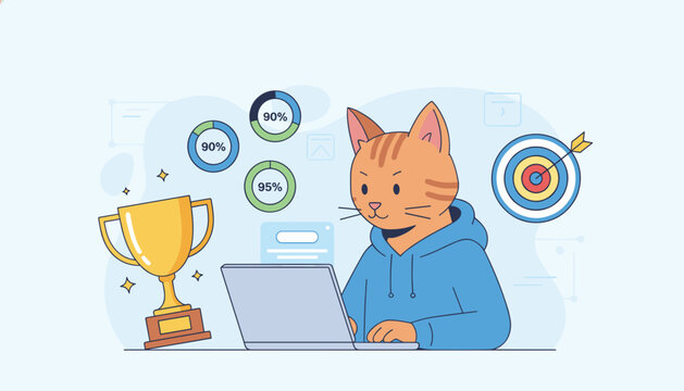 Smart cat character in a blue hoodie using a laptop next to a winner trophy, business charts, and a target representing gamified success.