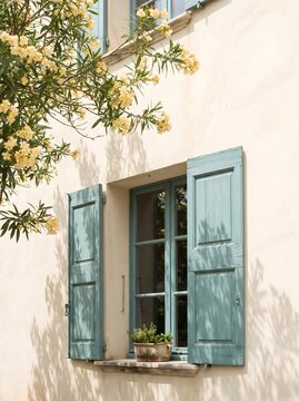 Blue window shutters on creamy wall with yellow oleander flowers and terracotta pot.