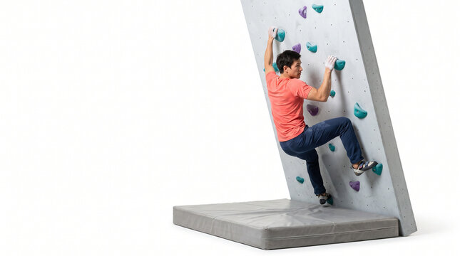 Young man climbing on an indoor rock climbing wall with colorful holds  