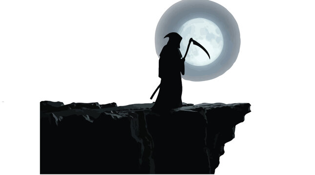 Grim reaper standing silently on a dark mountain cliff edge holding a sharp scythe against a bright full moon background