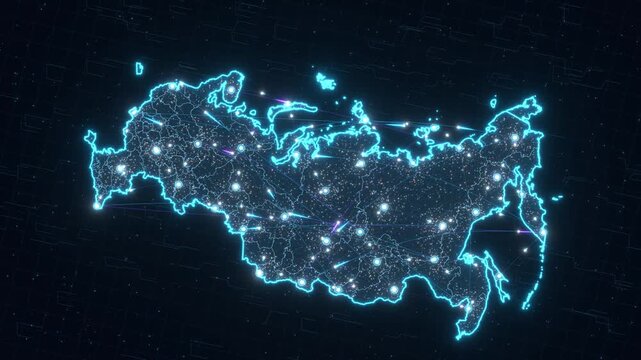 Russia Digital Infrastructure Map with Glowing Network Connections