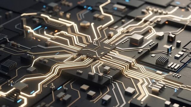 Close up top view of a modern computer processor chip on a motherboard showing intricate golden electrical circuits and high technology digital pathways
