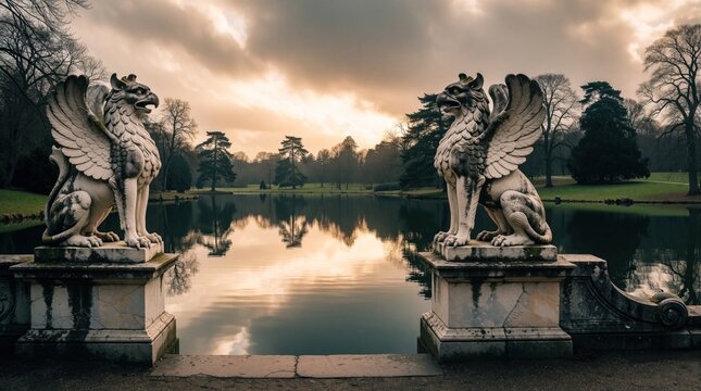 Two winged lion statues guard a serene lake in a park setting at dusk. Majestic ancient sculptures reflect on calm water under a dramatic cloudy sky, with bare trees surrounding the landscape.