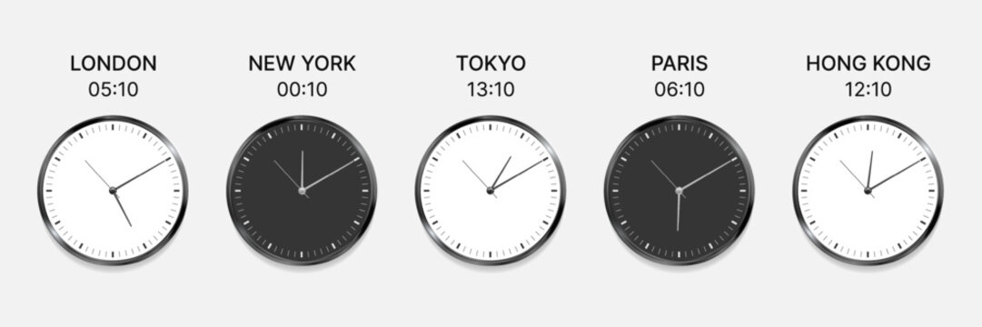 World Time Zone Clocks Showing London, New York, Tokyo, Paris and Hong Kong, International Time Difference and Global Business Communication Vector Illustration