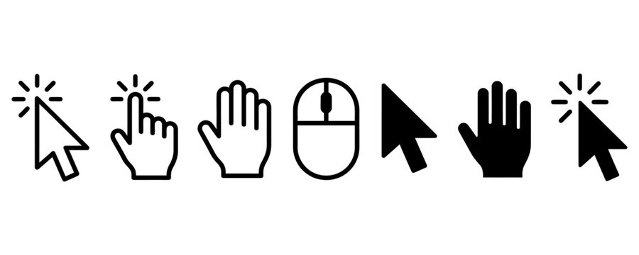 Set of computer mouse cursor icons, including pointer, clicking hand, and scroll wheel