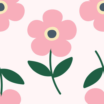 Large Pink Flower with Leaves Seamless Pattern Cute Hand Drawn Botanical Floral Texture for Wallpaper and Decor