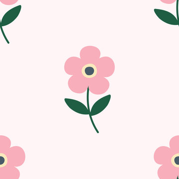 Minimal Pink Flower with Stem Seamless Pattern Cute Hand Drawn Botanical Texture for Nursery Decor