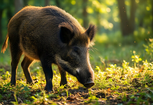 Wild boar in forest wildlife conservation and nature habitat feral pig foraging in woodland biodiversity and ecosystem animal in natural environment
