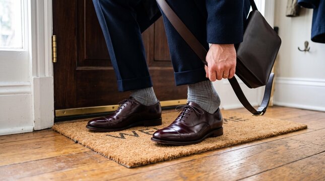 Person wearing polished brown leather dress shoes and navy trousers, carrying a briefcase while standing on a doormat inside a residential entryway