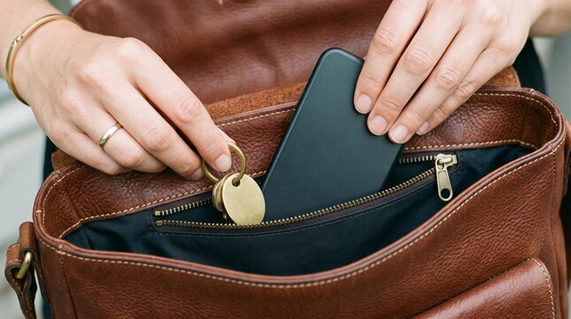 Hands placing smartphone and keys into open brown leather handbag with visible zipper compartments and everyday accessories, close-up personal belongings detail