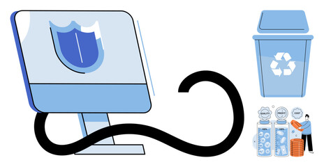 Computer monitor with shield icon, recycling bin, and data processing vector illustration. Digital security, waste management, information storage, resource optimization, system maintenance © Dmytro