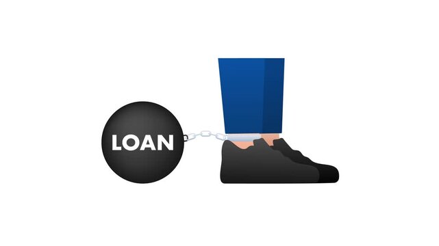 Person dragging heavy loan debt ball and chain