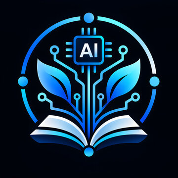 AI Growth Emblem: An artistic emblem symbolizes the fusion of artificial intelligence, nature, and knowledge, depicting a circuit board integrated with leaves and an open book.