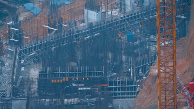 A large-scale construction site with dense rebar cages, formwork systems and support structures for heavy concrete pouring, scaffolding, workers in safety gear on the foreground