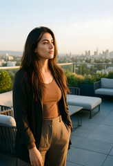 Obraz premium Work-life balance and career ambition, young woman standing on a rooftop terrace overlooking a city skyline at sunset during a moment of reflection