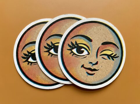 Pop art moon face trio on orange background