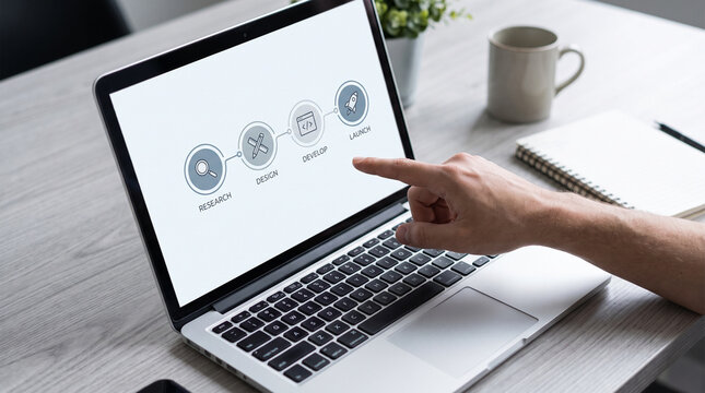 Product Development Workflow on Laptop, Research, Design, Development and Launch Process for Business