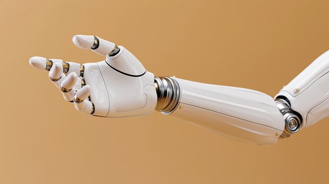 Robotic arm with mechanical hand extending forward against beige background