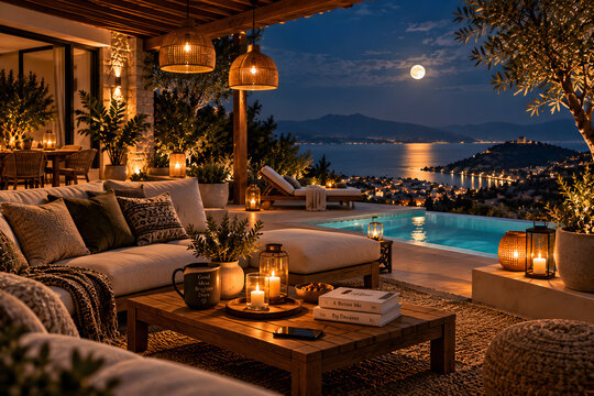Tranquil Mediterranean Evening Retreat: An inviting outdoor living space, adorned with warm ambient lighting and comfortable furnishings, overlooks a serene coastal town under a luminous full moon.