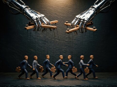Quiet control and workplace pressure with robotic hands and marionette executives