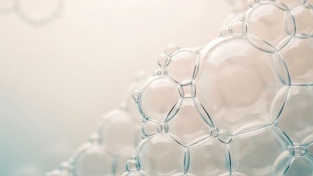 Microscopic soap bubbles background, abstract liquid foam texture, clean cosmetic suds in soft beige and blue tones, scientific laboratory research concept