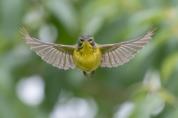Obraz premium The Yellow-Breasted Hummingbird in Flight Over Lush Green Foliage Backdrop