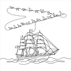 Tall Sailing Ship with Birds Flying Above Waves © Mehedi